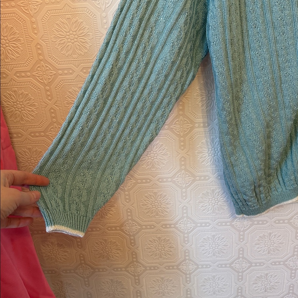 Vintage Alfred Dunner Light Blue/Teal Cardigan Sweater with White Trim Sz XL - Picture 4 of 8
